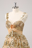 Load image into Gallery viewer, Golden A-Line Spaghetti Straps Sequined Homecoming Dress with Flower