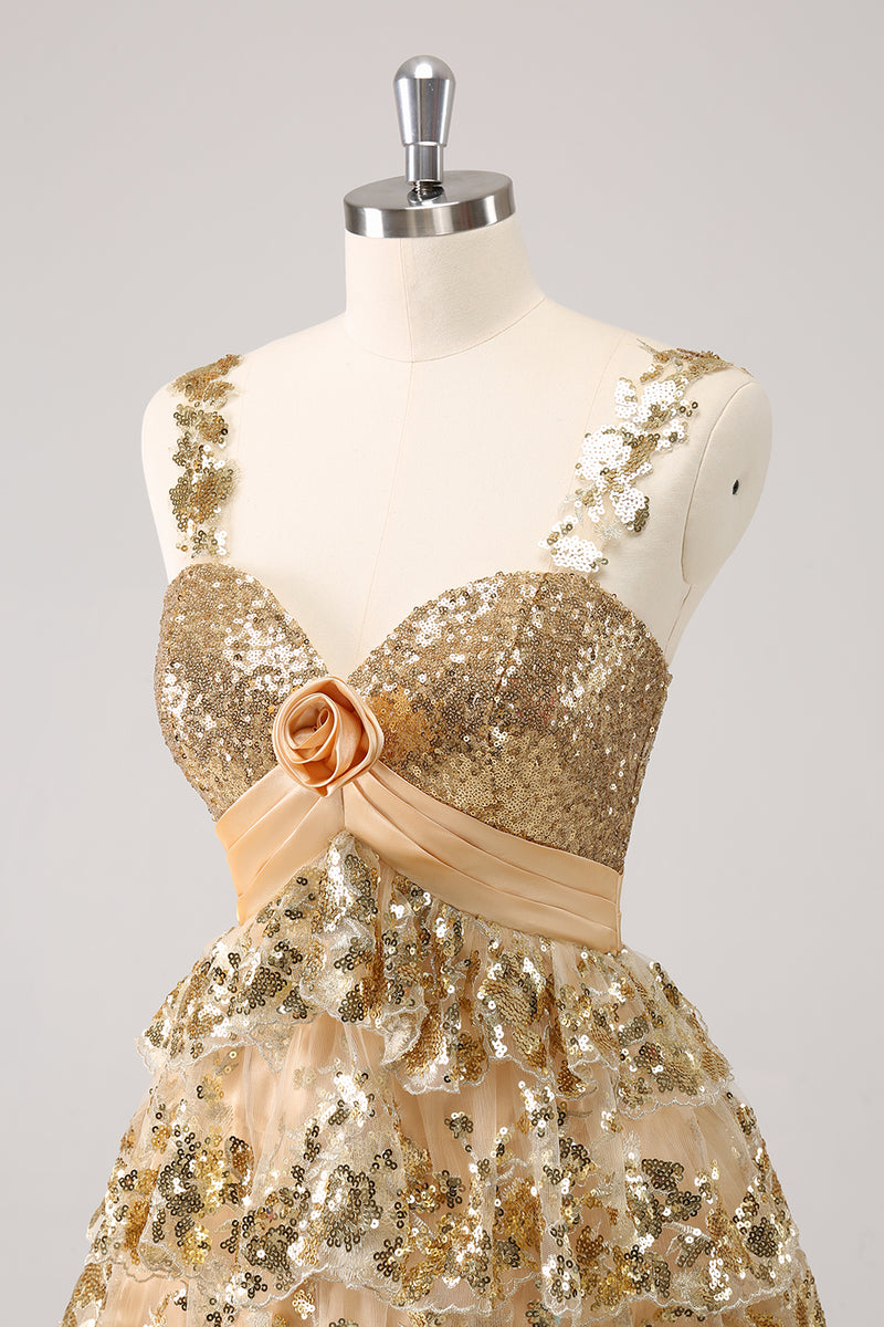 Load image into Gallery viewer, Golden A-Line Spaghetti Straps Sequined Homecoming Dress with Flower