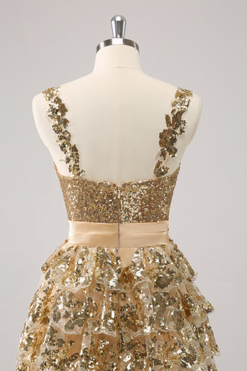 Golden A-Line Spaghetti Straps Sequined Homecoming Dress with Flower