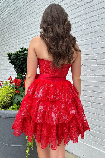 Red A-Line Sparkly Strapless Short Prom Dress with Bow