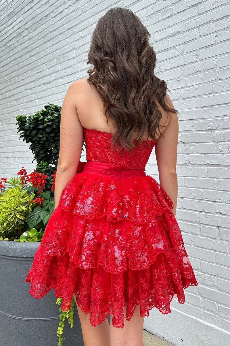 Load image into Gallery viewer, Red A-Line Sparkly Strapless Short Prom Dress with Bow