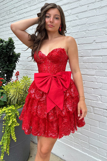 Red A-Line Sparkly Strapless Short Prom Dress with Bow