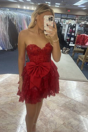 Sparkly A-Line Red Sweetheart Corset Homecoming Dress with Ruffles