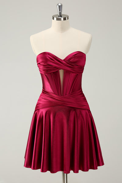 Burgundy A-Line Sweetheart Pleated Homecoming Dress with Keyhole