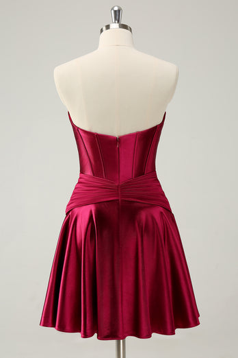 Burgundy A-Line Sweetheart Pleated Homecoming Dress with Keyhole