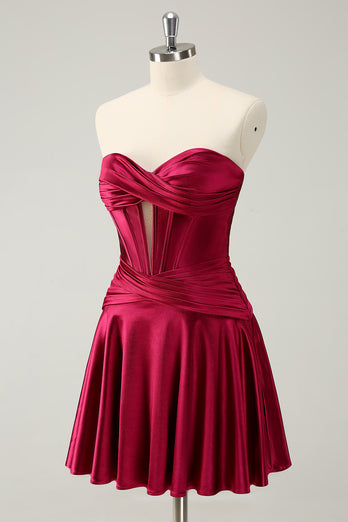 Burgundy A-Line Sweetheart Pleated Homecoming Dress with Keyhole