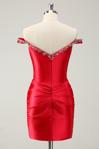 Red Off The Shoulder Bodycon Homecoming Dress with Sequins