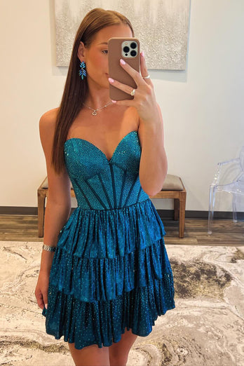 Sparkly Peacock Blue A-Line Sweetheart Homecoming Dress with Ruffles