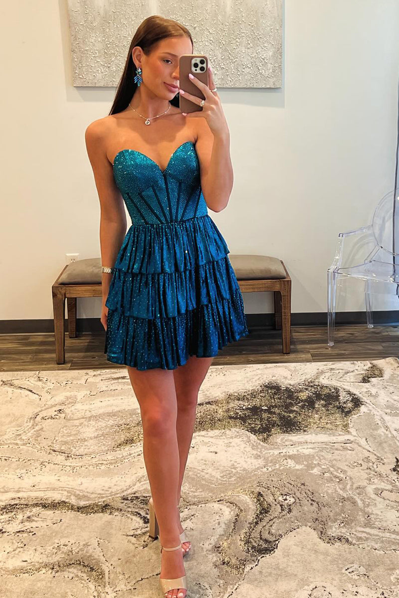 Load image into Gallery viewer, Sparkly Peacock Blue A-Line Sweetheart Homecoming Dress with Ruffles