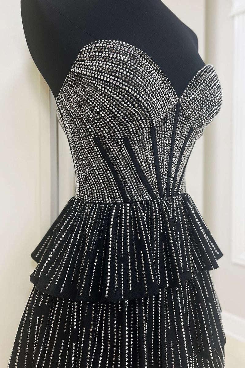 Load image into Gallery viewer, Sparkly Black Sweetheart Beaded Tiered Homecoming Dress