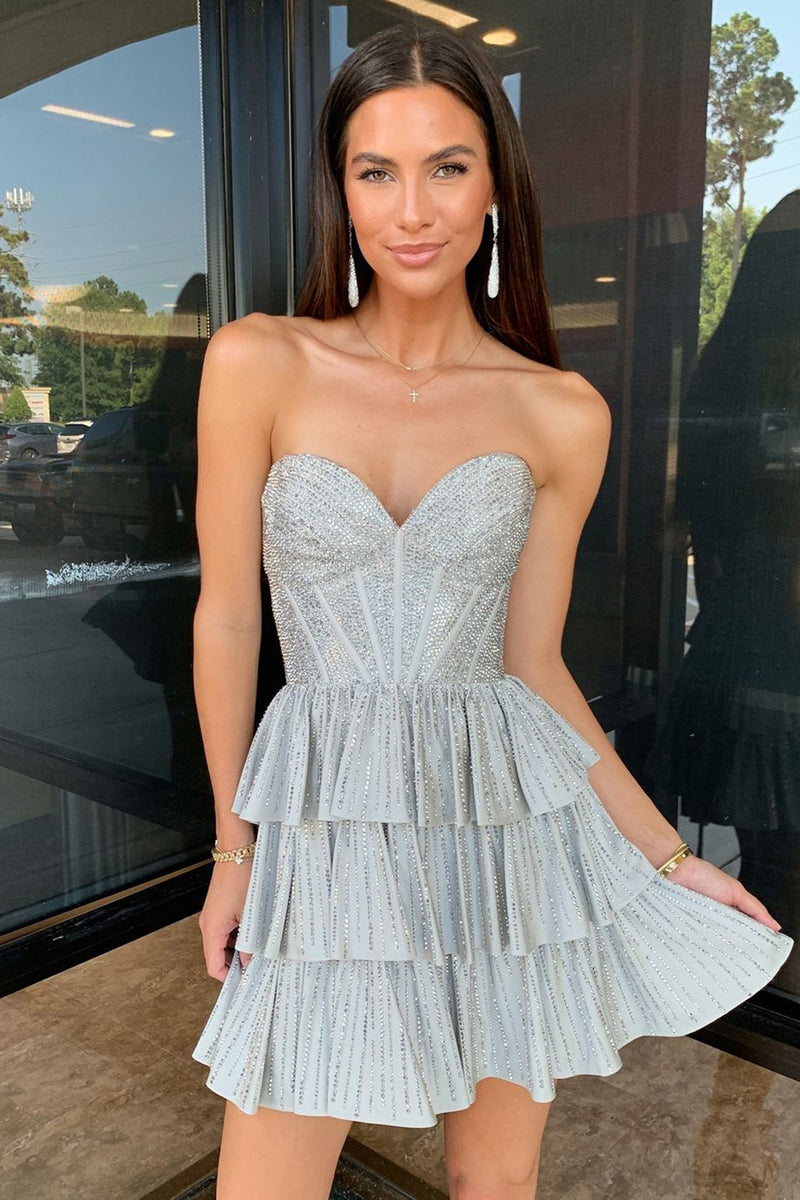 Load image into Gallery viewer, Sparkly A-Line Grey Sweetheart Short Homecoming Dress with Ruffles