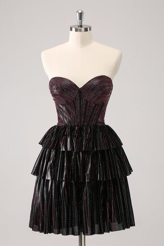 Sparkly Black Pink Sweetheart Tiered Homecoming Dress with Beading