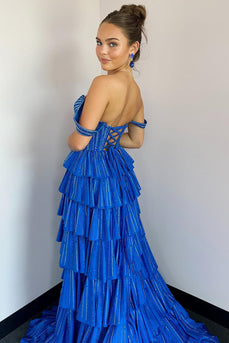 Royal Blue Mermaid Sparkly Off the Shoulder Long Prom Dress with Sequins