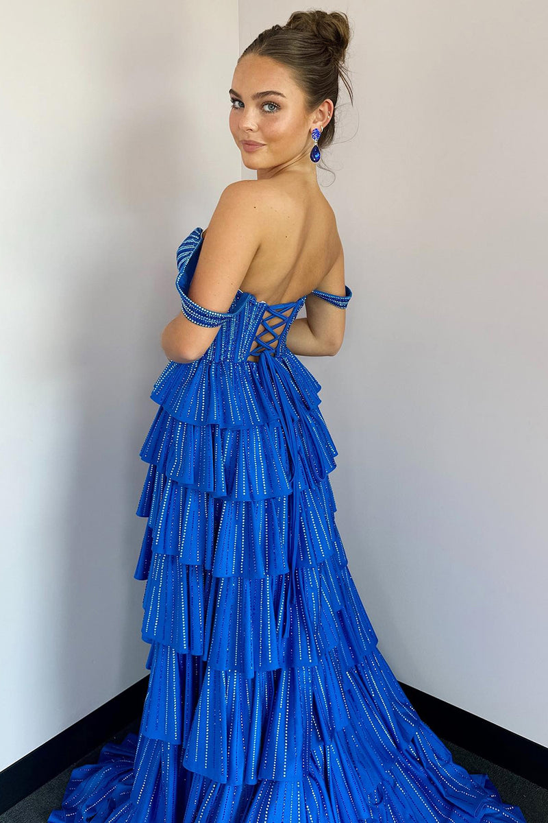 Load image into Gallery viewer, Royal Blue Mermaid Sparkly Off the Shoulder Long Prom Dress with Sequins