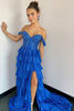 Load image into Gallery viewer, Royal Blue Mermaid Sparkly Off the Shoulder Long Prom Dress with Sequins