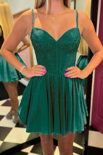 Dark Green A-Line Spaghetti Straps Pleated Short Homecoming Dress