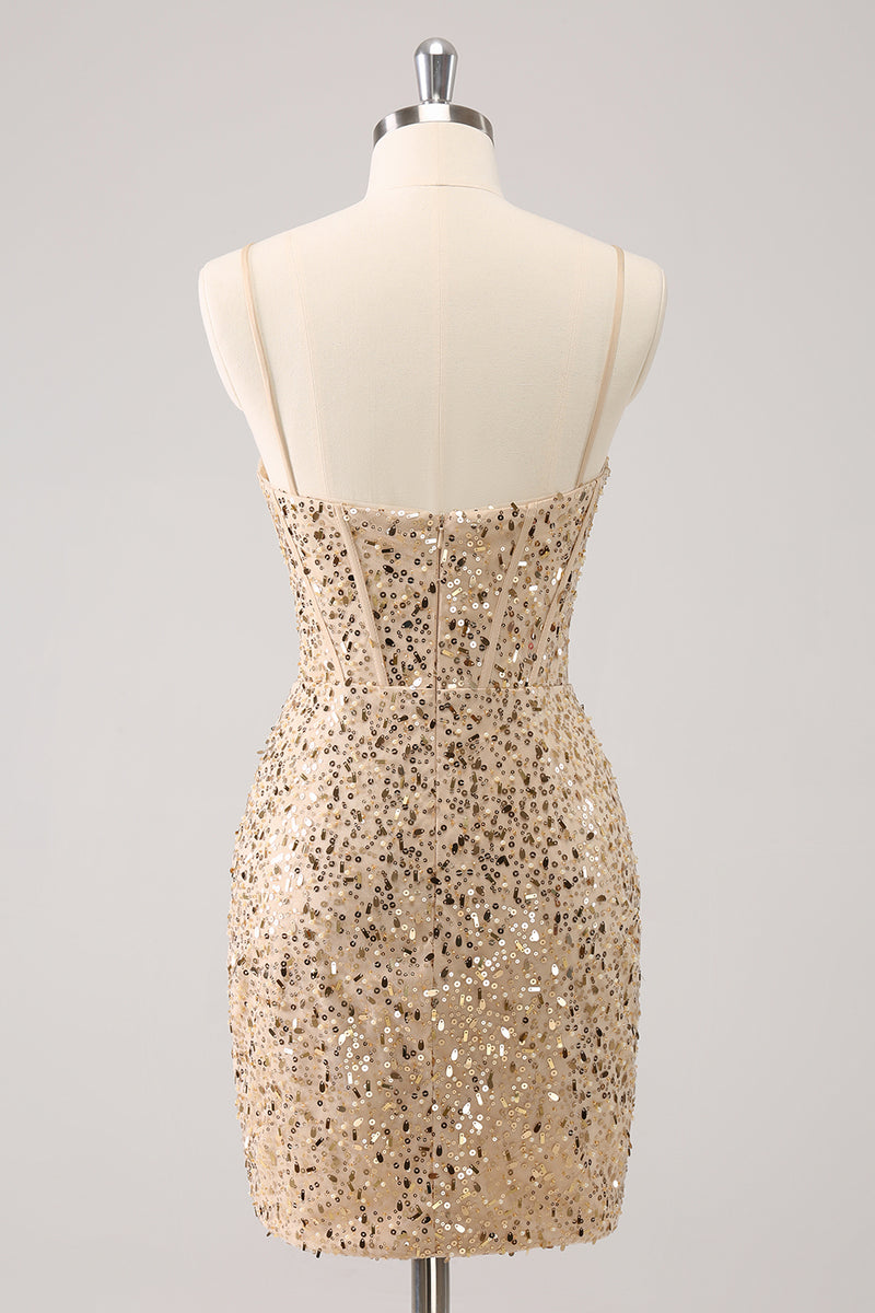 Load image into Gallery viewer, Sparkly Golden Spaghetti Straps Bodycon Homecoming Dress with Sequins