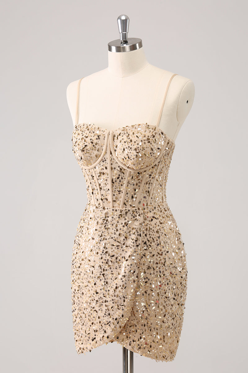 Load image into Gallery viewer, Sparkly Golden Spaghetti Straps Bodycon Homecoming Dress with Sequins