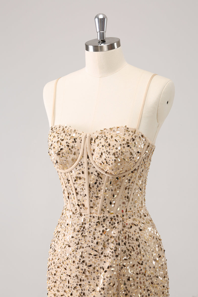 Load image into Gallery viewer, Sparkly Golden Spaghetti Straps Bodycon Homecoming Dress with Sequins