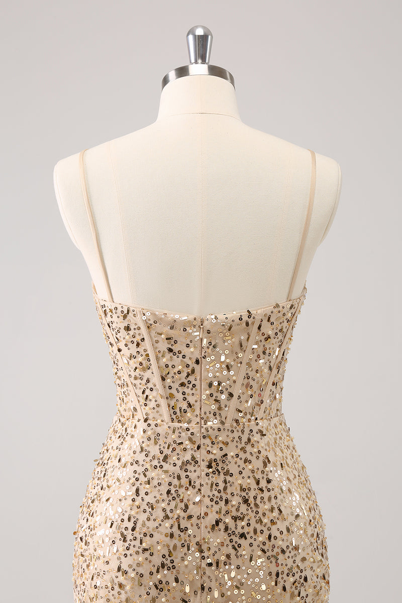 Load image into Gallery viewer, Sparkly Golden Spaghetti Straps Bodycon Homecoming Dress with Sequins