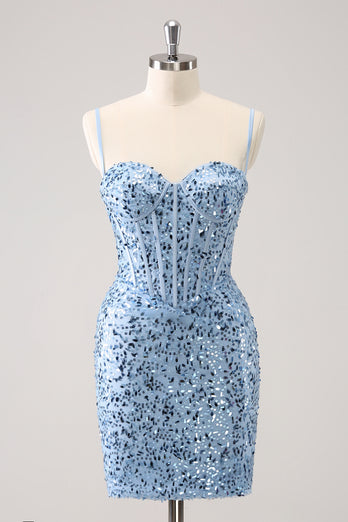 Sparkly Spaghetti Straps Blue Bodycon Homecoming Dress with Sequins