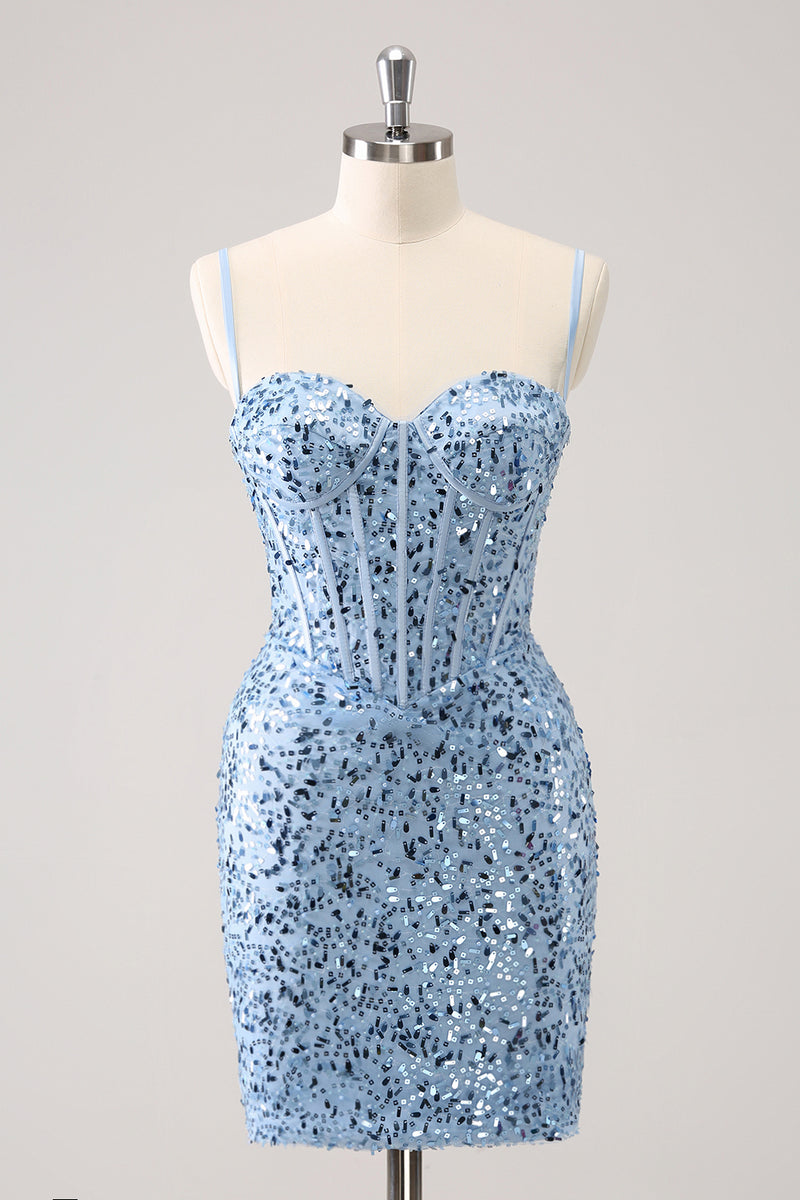 Load image into Gallery viewer, Sparkly Spaghetti Straps Blue Bodycon Homecoming Dress with Sequins