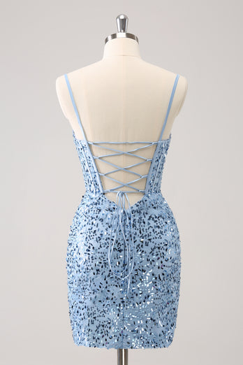 Sparkly Spaghetti Straps Blue Bodycon Homecoming Dress with Sequins