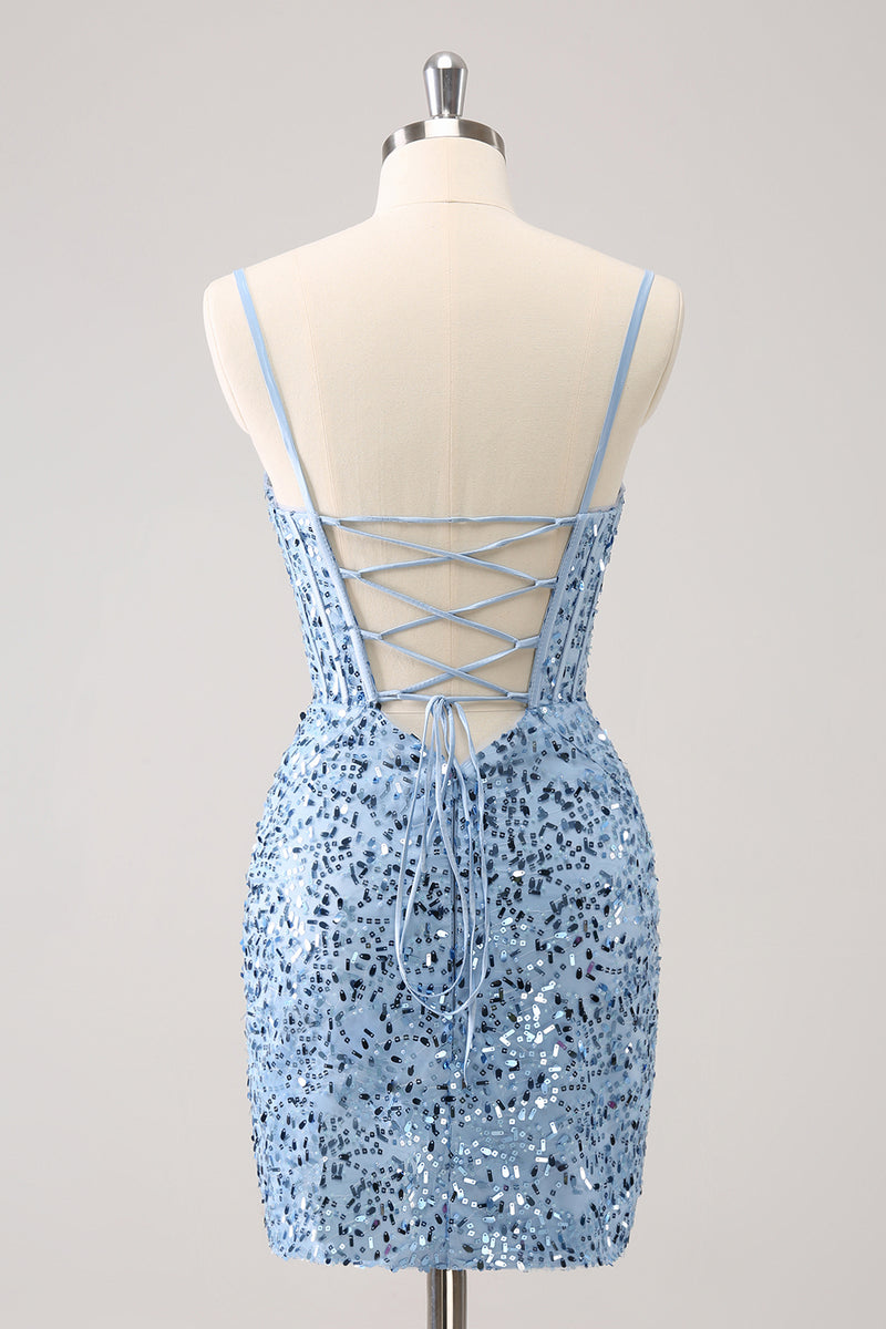 Load image into Gallery viewer, Sparkly Spaghetti Straps Blue Bodycon Homecoming Dress with Sequins