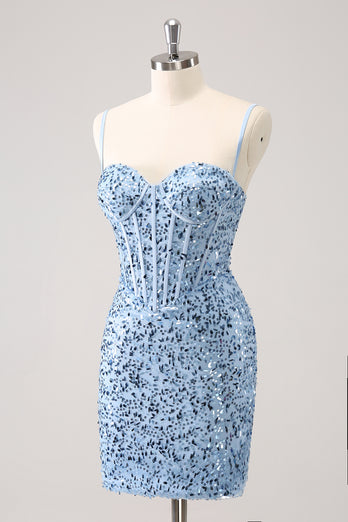 Sparkly Spaghetti Straps Blue Bodycon Homecoming Dress with Sequins