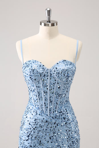 Sparkly Spaghetti Straps Blue Bodycon Homecoming Dress with Sequins