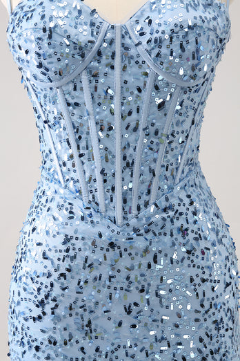 Sparkly Spaghetti Straps Blue Bodycon Homecoming Dress with Sequins