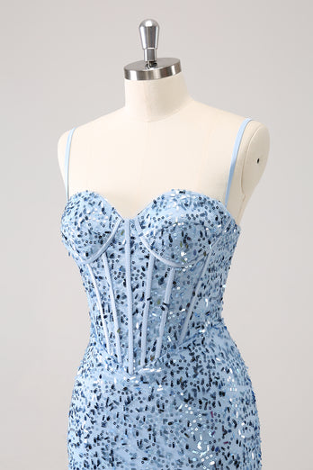 Sparkly Spaghetti Straps Blue Bodycon Homecoming Dress with Sequins