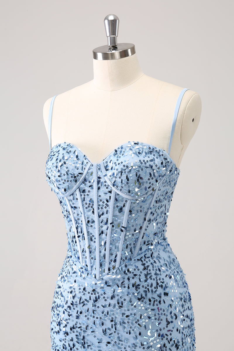 Load image into Gallery viewer, Sparkly Spaghetti Straps Blue Bodycon Homecoming Dress with Sequins