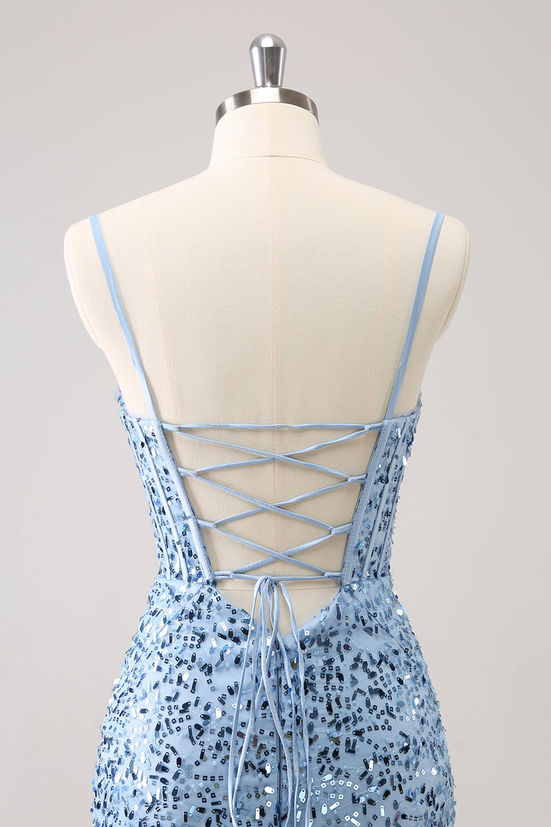 Load image into Gallery viewer, Sparkly Spaghetti Straps Blue Bodycon Homecoming Dress with Sequins