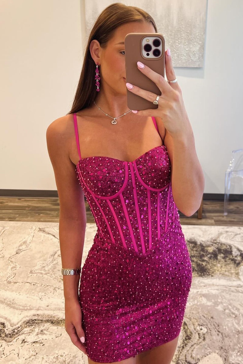 Load image into Gallery viewer, Sparkly Fuchsia Spaghetti Straps Tight Corset Homecoming Dress