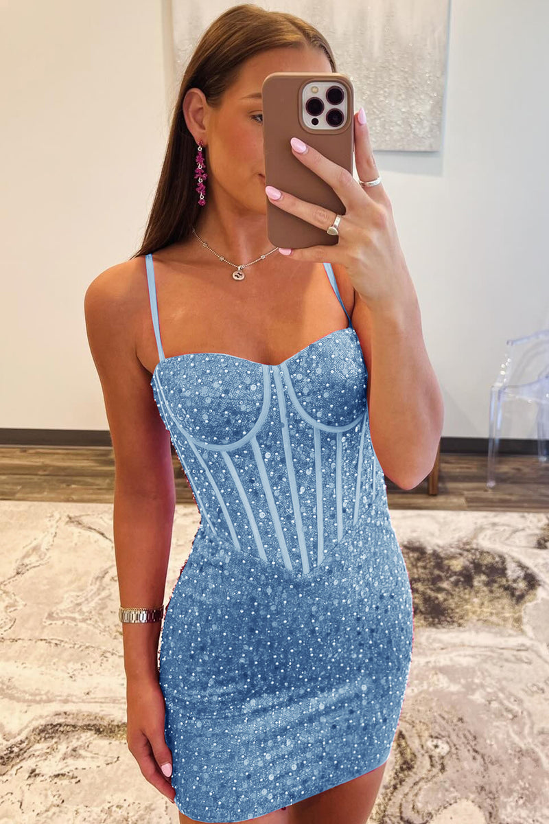 Load image into Gallery viewer, Sparkly Fuchsia Spaghetti Straps Tight Corset Homecoming Dress