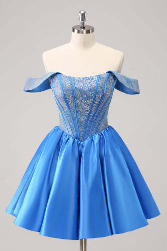 Off The Shoulder Blue A-Line Short Homecoming Dress with Beading