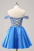 Load image into Gallery viewer, Off The Shoulder Blue A-Line Short Homecoming Dress with Beading