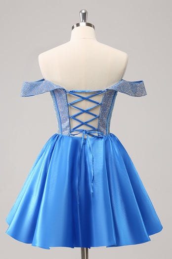 Off The Shoulder Blue A-Line Short Homecoming Dress with Beading