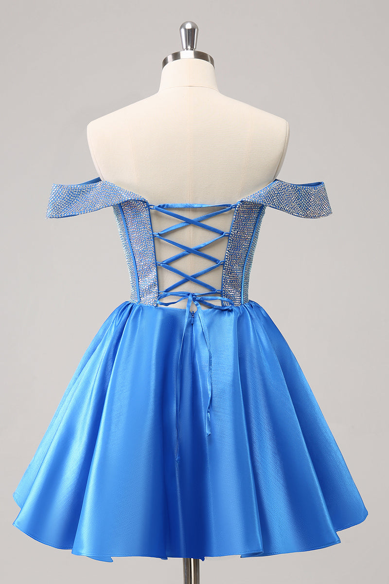 Load image into Gallery viewer, Off The Shoulder Blue A-Line Short Homecoming Dress with Beading