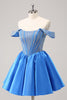 Load image into Gallery viewer, Off The Shoulder Blue A-Line Short Homecoming Dress with Beading