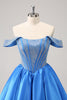 Load image into Gallery viewer, Off The Shoulder Blue A-Line Short Homecoming Dress with Beading