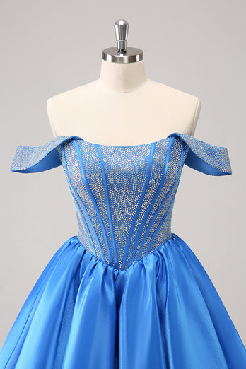 Off The Shoulder Blue A-Line Short Homecoming Dress with Beading