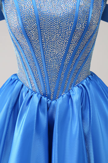 Off The Shoulder Blue A-Line Short Homecoming Dress with Beading