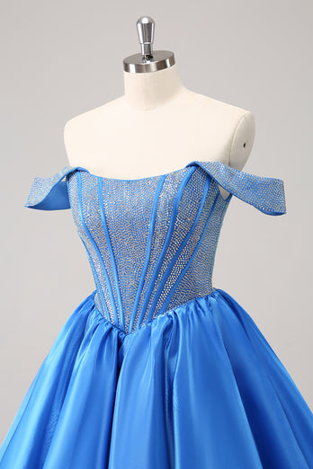 Off The Shoulder Blue A-Line Short Homecoming Dress with Beading