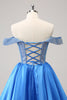 Load image into Gallery viewer, Off The Shoulder Blue A-Line Short Homecoming Dress with Beading