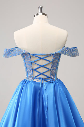 Off The Shoulder Blue A-Line Short Homecoming Dress with Beading