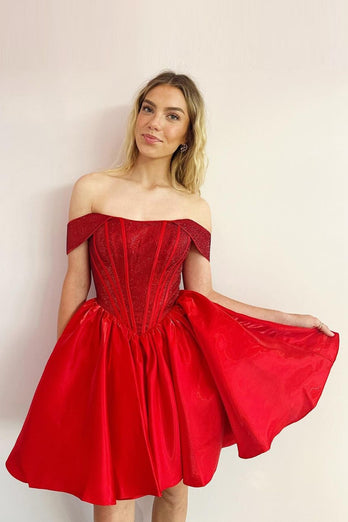 Sparkly Red Off The Shoulder Tight Corset Homecoming Dress with Beading