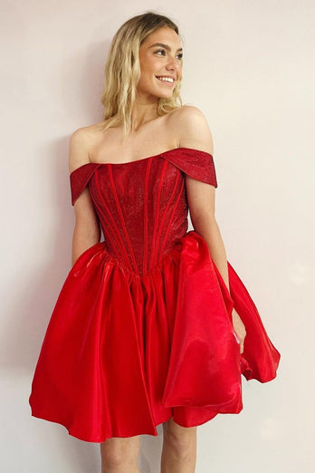 Sparkly Red Off The Shoulder Tight Corset Homecoming Dress with Beading