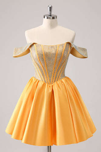 Yellow Off The Shoulder A-Line Short Homecoming Dress with Beading